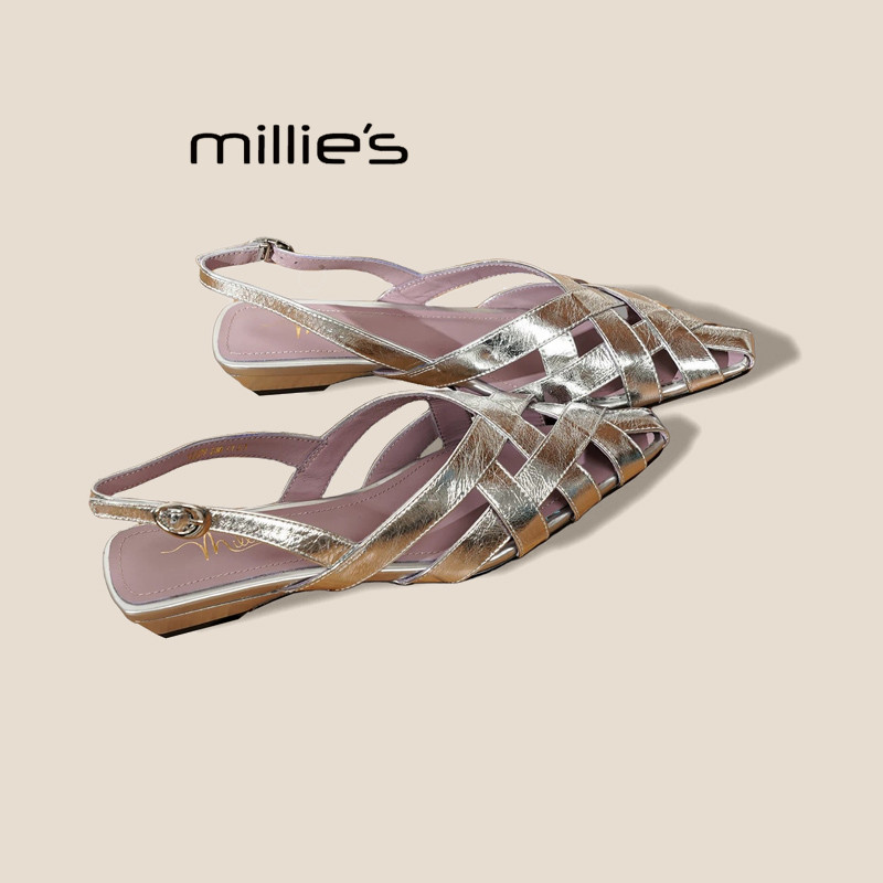 MILLIE'S/妙丽尖头镂空编织凉鞋女平底外穿时尚低跟百搭包头鞋夏P