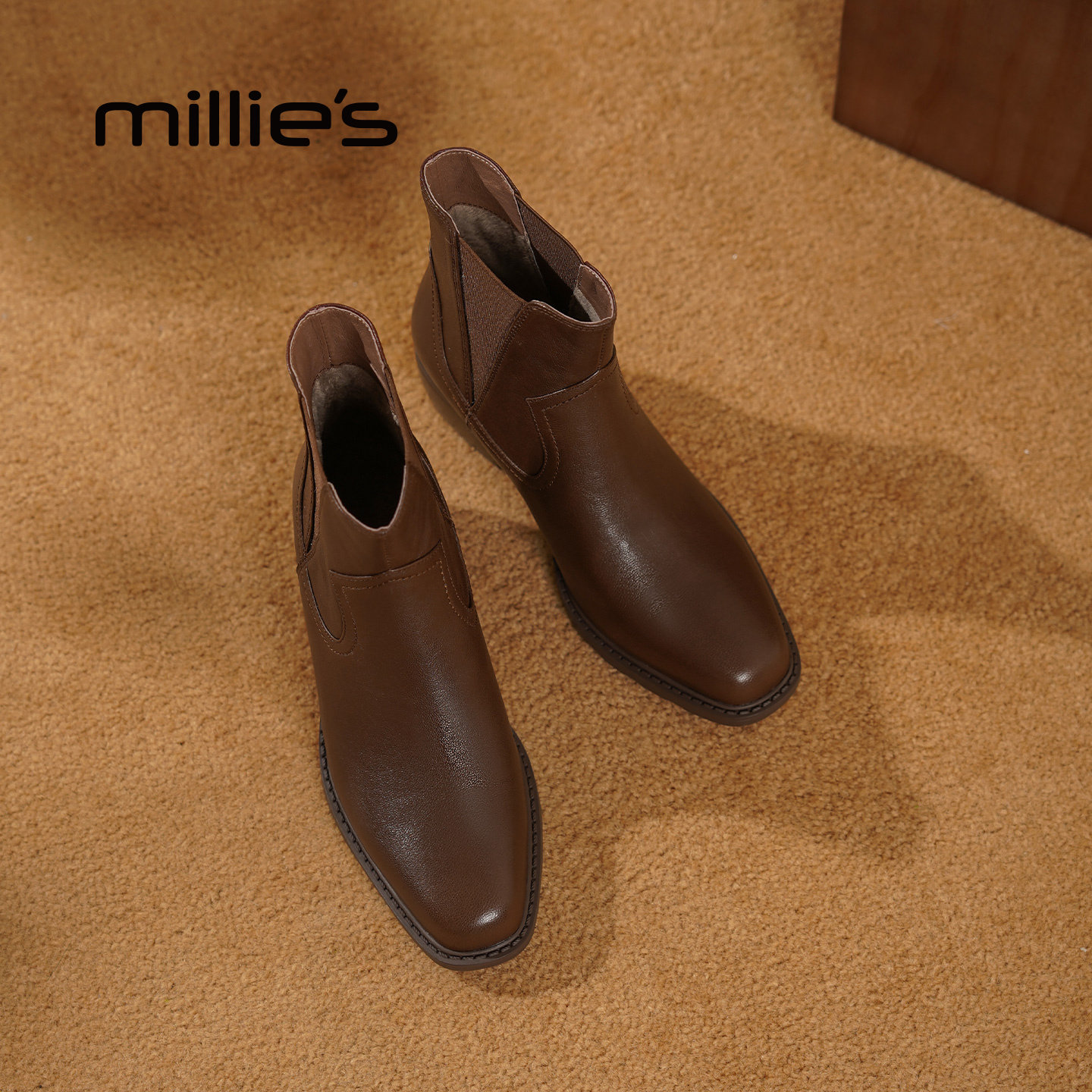 MILLIE'S/妙丽2026新款秋冬单靴法式复古方头短靴女粗跟及踝靴P