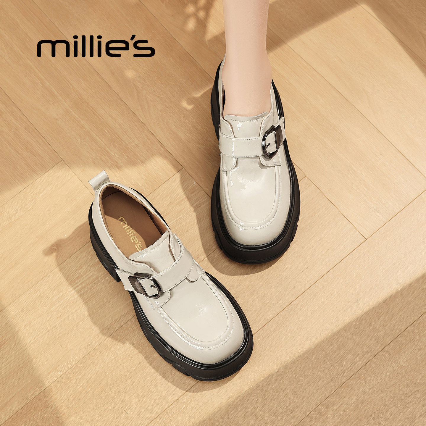 MILLIE'S/妙丽英伦风厚底乐福鞋女真皮扣带装饰百搭增高单鞋Q,女鞋,浅口单鞋,淘宝优惠券,粉丝福利购,淘宝优惠卷