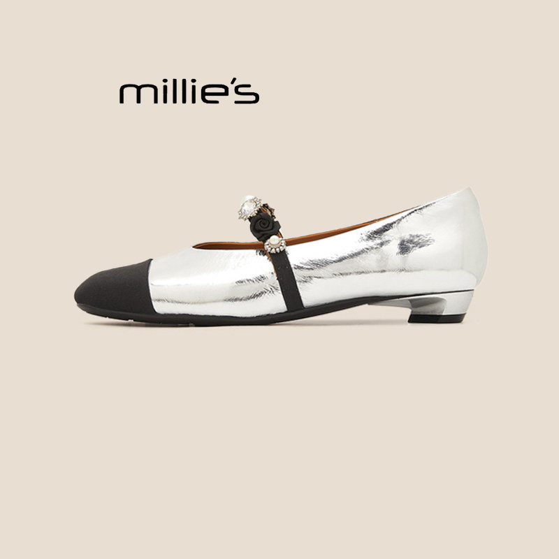 MILLIE'S/妙丽真皮牛皮女鞋复古优雅方头浅口一字带小香风单鞋夏,女鞋,浅口单鞋,淘宝优惠券,粉丝福利购,淘宝优惠卷