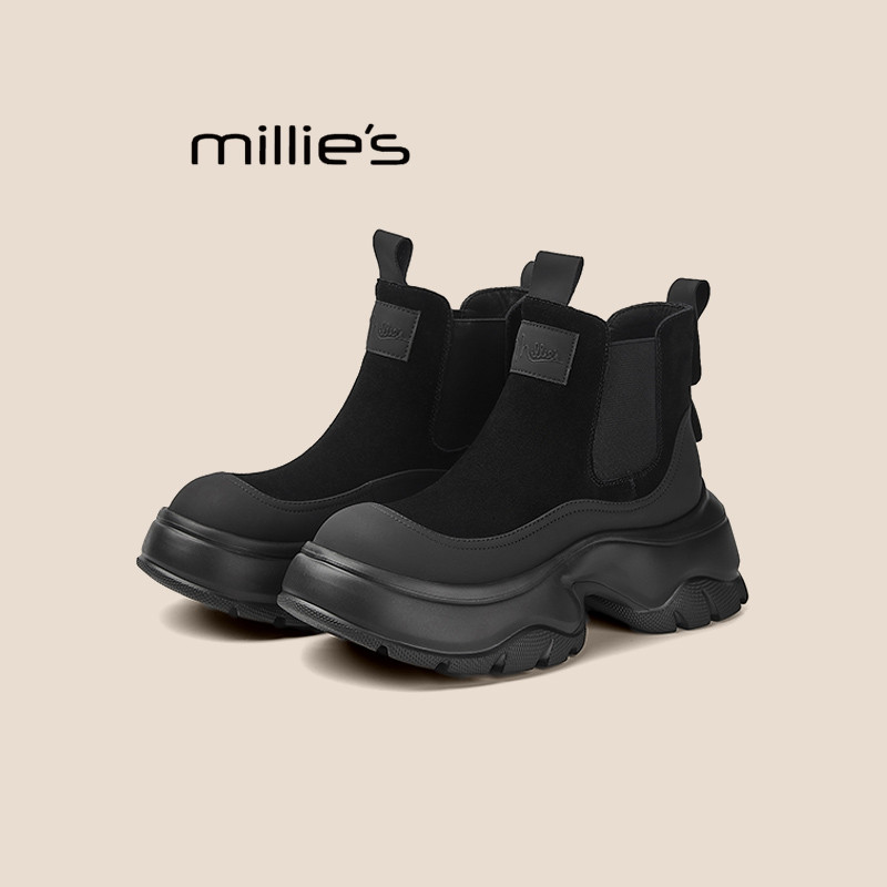 MILLIE'S/妙丽黑色厚底切尔西短靴女百搭松糕底增高小个子马丁靴Z,女鞋,马丁靴,淘宝优惠券,粉丝福利购,淘宝优惠卷