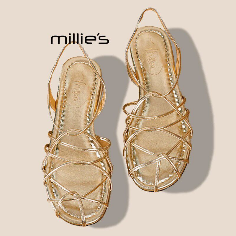 MILLIE'S/妙丽夏季编织镂空绑带凉鞋女平底套脚时尚罗马一字拖鞋
