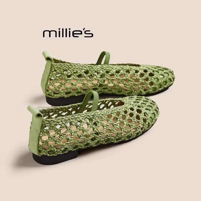 MILLIE'S/妙丽2025夏季新款时尚浅口一字带单鞋编织镂空平底女鞋,女鞋,罗马凉鞋,淘宝优惠券,粉丝福利购,淘宝优惠卷