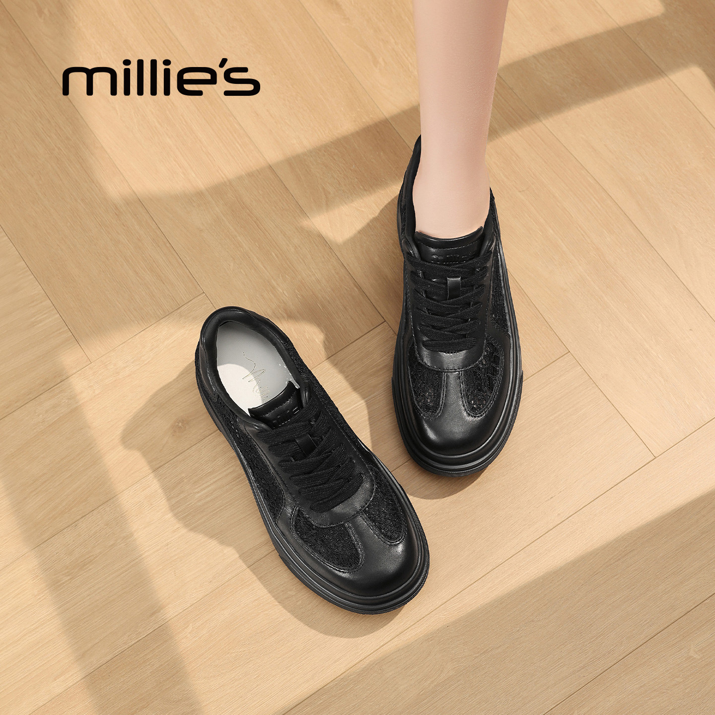 MILLIE'S/妙丽复古风厚底德训鞋女2026春季黑色百搭增高休闲鞋Q,女鞋,时尚休闲鞋,淘宝优惠券,粉丝福利购,淘宝优惠卷