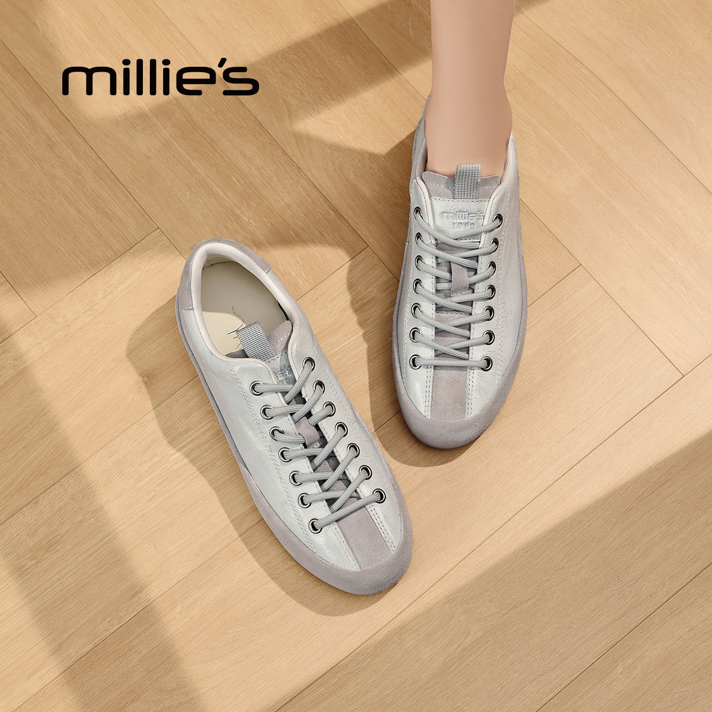 MILLIE'S/妙丽银色德训鞋女2026春季真皮系带休闲鞋百搭时尚单鞋Q,女鞋,时尚休闲鞋,淘宝优惠券,粉丝福利购,淘宝优惠卷