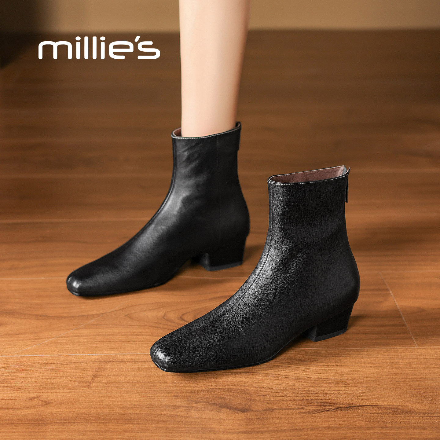 MILLIE'S/妙丽2026冬季新款瘦瘦靴女短筒及踝靴英伦风马丁靴