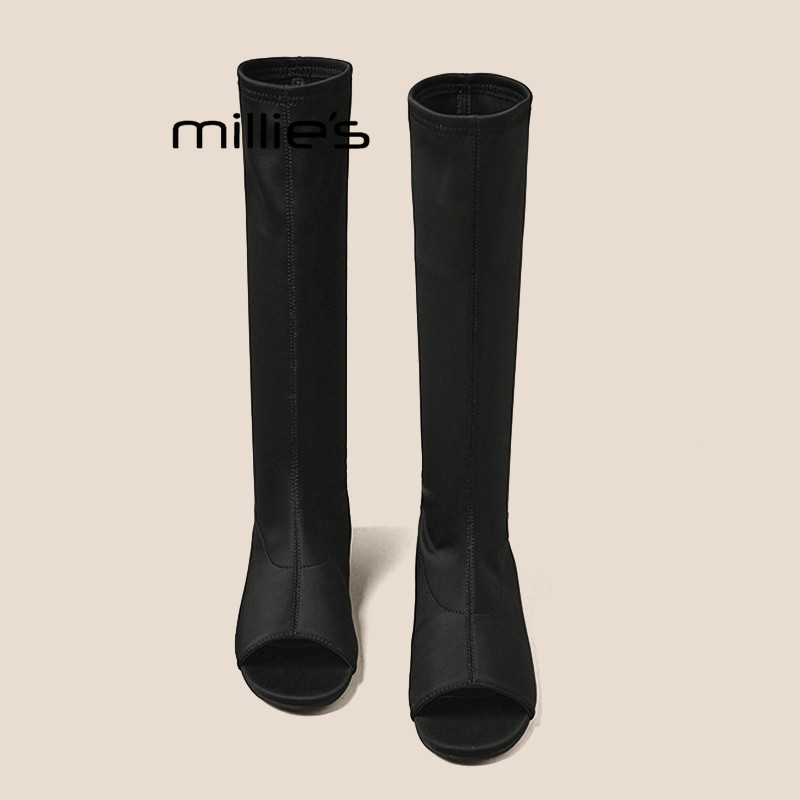 MILLIE'S/妙丽韩版露趾高筒凉靴女2026夏季款小众百搭显瘦长筒靴P
