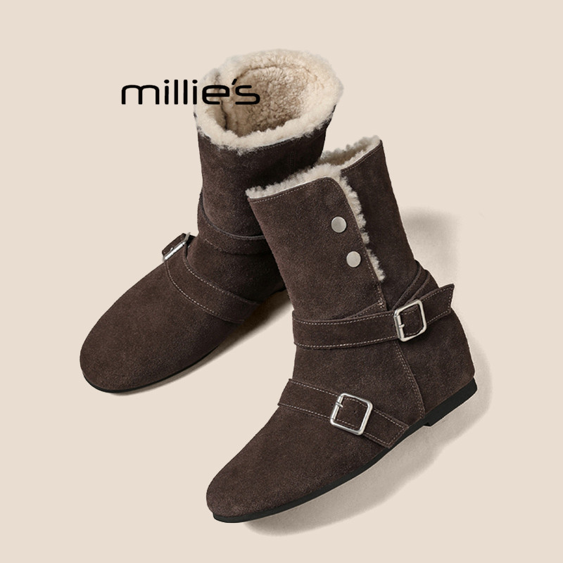 MILLIE'S妙丽毛绒勃肯鞋女内增高双扣带短靴厚底小众加绒马丁靴Z,女鞋,婚鞋,淘宝优惠券,粉丝福利购,淘宝优惠卷