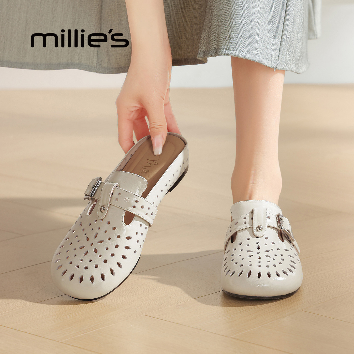 MILLIE'S/妙丽2026夏季新款镂空包头拖鞋女一脚蹬搭扣懒人半拖鞋P