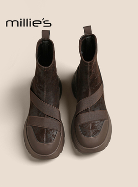 MILLIE'S/妙丽女鞋2025秋冬新款时尚百搭弹力靴厚底增高运动短靴