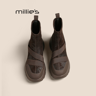 MILLIE'S/妙丽女鞋2026秋冬新款时尚百搭弹力靴厚底增高运动短靴