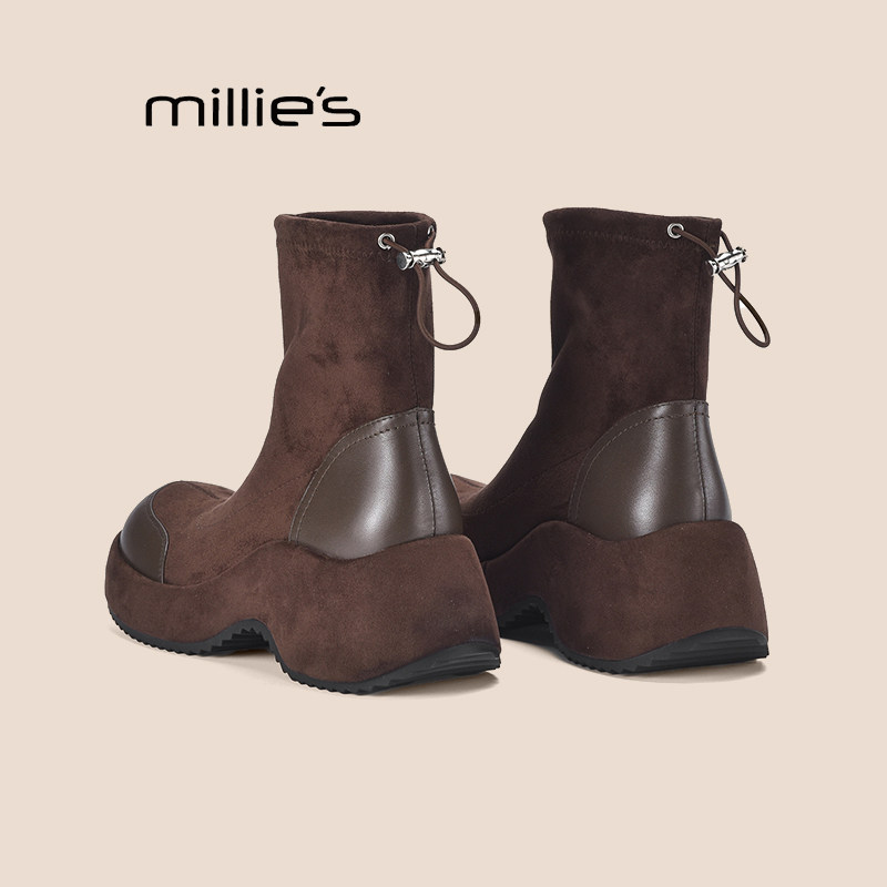 MILLIE'S/妙丽短靴女新款冬季复古小裸靴子女绒面袜靴弹力瘦瘦靴Q,女鞋,时装靴,淘宝优惠券,粉丝福利购,淘宝优惠卷
