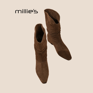 MILLIE'S/妙丽2026冬季新款女靴中筒靴子女中跟牛仔靴时装短靴P