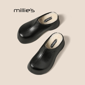 妙丽真皮牛皮羊羔毛毛鞋 厚底松糕包头半拖鞋 MILLIE 懒人女鞋 托Z