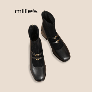 MILLIE'S/妙丽弹力瘦瘦靴子短靴女秋冬单靴法式小香风玛丽珍袜靴Z