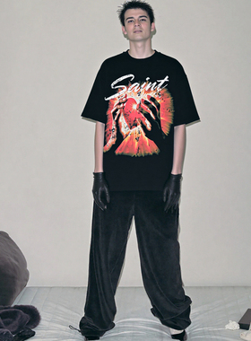 HA7MS 25SS圣心印花短袖水洗做旧破坏皲裂宽松百搭情侣街头T恤