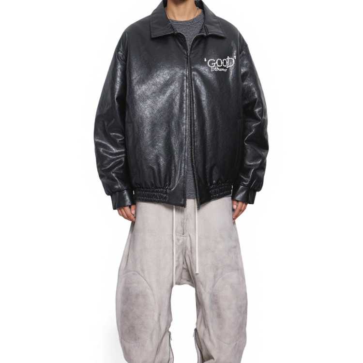 珍珠标语夹棉皮衣夹克外套