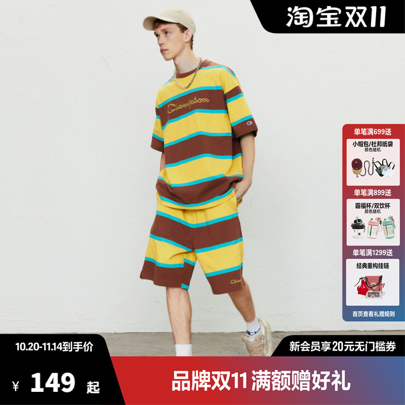 Champion冠军条休闲短裤纯棉纹拼接刺绣LOGO时尚百搭户外运动裤子