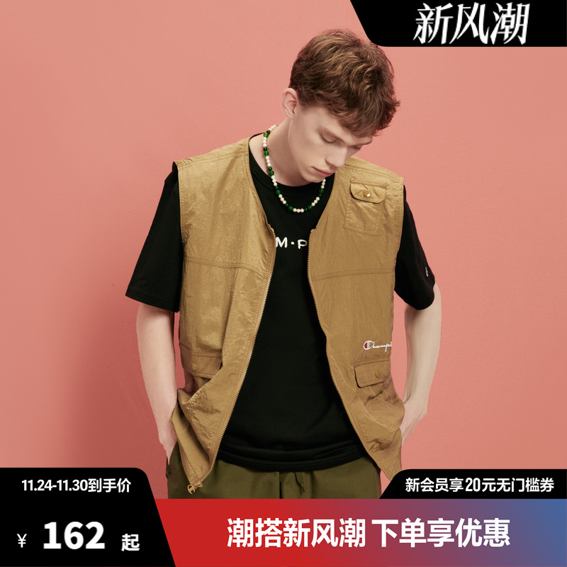 Champion冠军马甲男2025夏季新款刺绣草写LOGO潮牌无袖运动上衣女