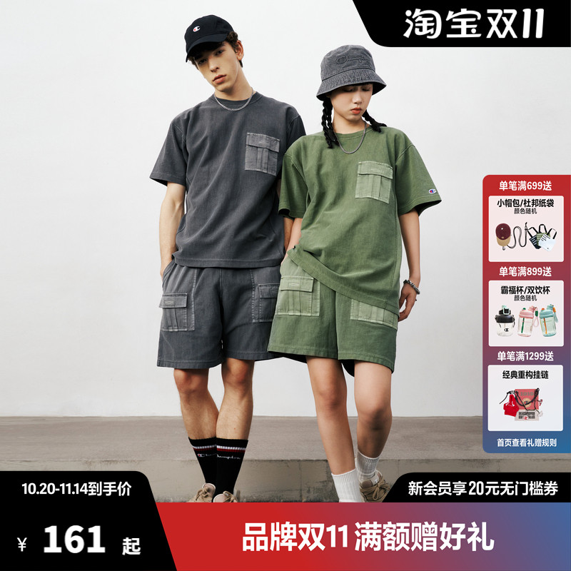 Champion冠军短袖T恤水洗做旧胸口口袋情侣上衣纯棉宽松工装衣服