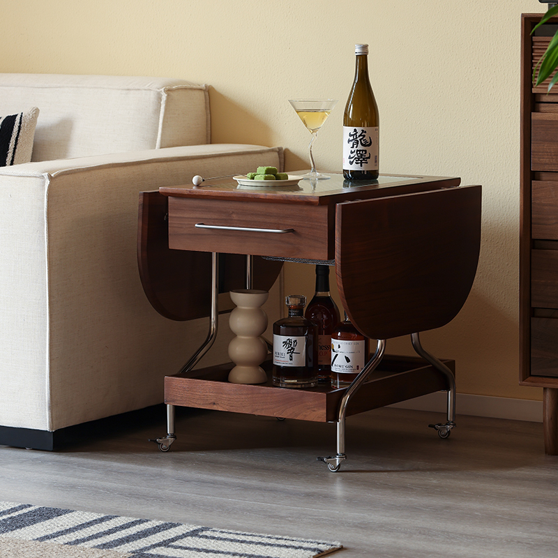 AB/北美黑胡桃木可移动折叠茶几小户型沙发边几客厅餐车推车