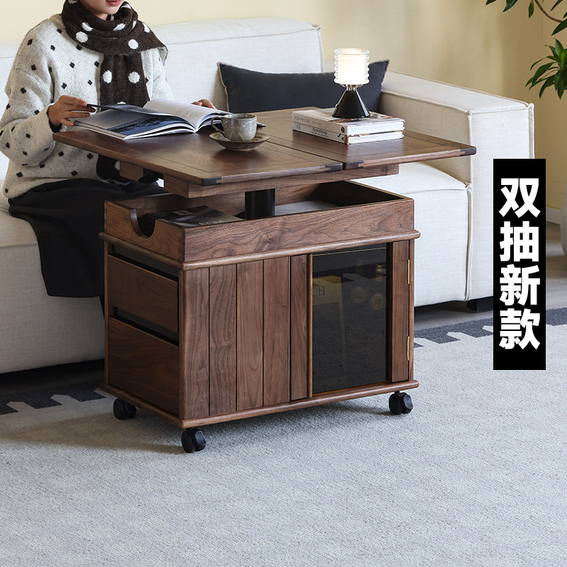 AB/北美黑胡桃木移动茶几可升降折叠小户型客厅家用实木边柜边几
