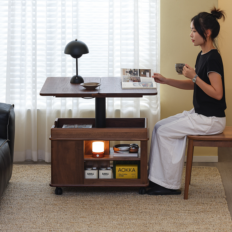 北美黑胡桃实木升降折叠移动茶几