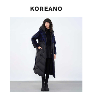 【KOREANO】冬季藏蓝色假两件拼接连帽长款羽绒服 YC6333(JUN)