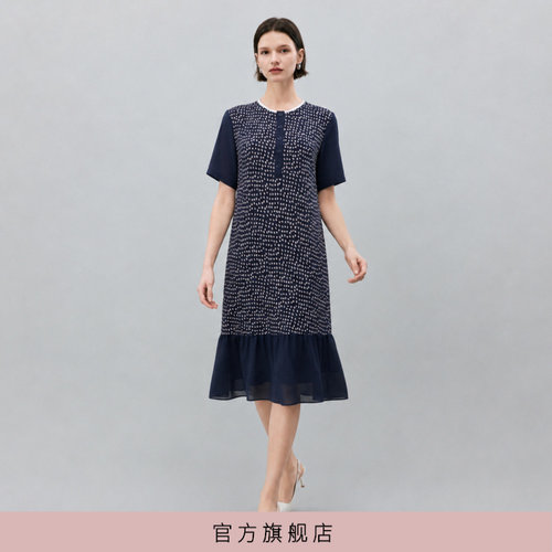 时尚洋气百搭藏蓝色碎花连衣裙