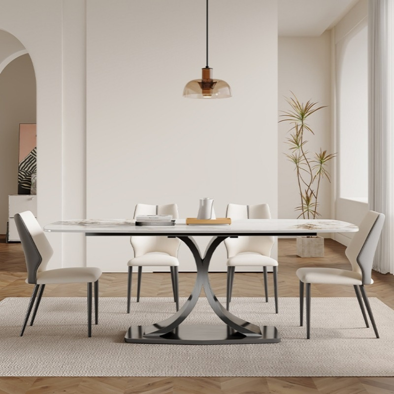 意式极简轻奢岩板餐桌高级感家用长方形亮光面不锈钢创意吃饭桌子