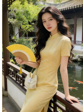 法式气质黄色旗袍长裙夏季大码胖mm新中式订婚日常穿碎花连衣裙女