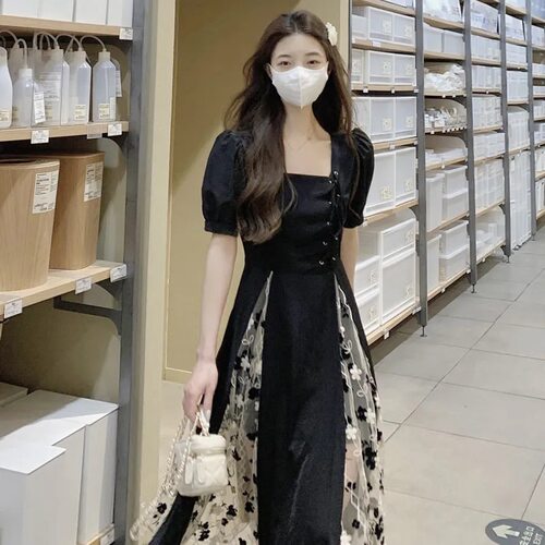 复古网纱拼接连衣裙女202