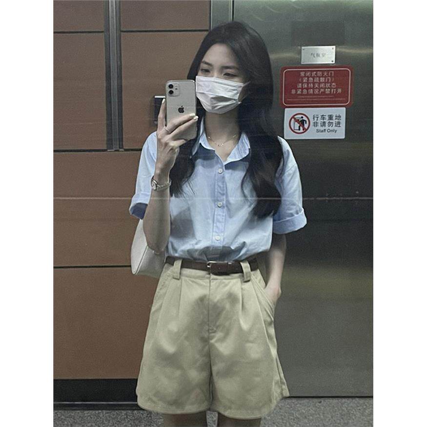蓝色衬衫女夏季正装通勤