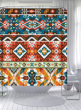 波西米亚条纹浴帘绿松石和橙色-迷人大胆的彩色数码印花涤纶浴帘