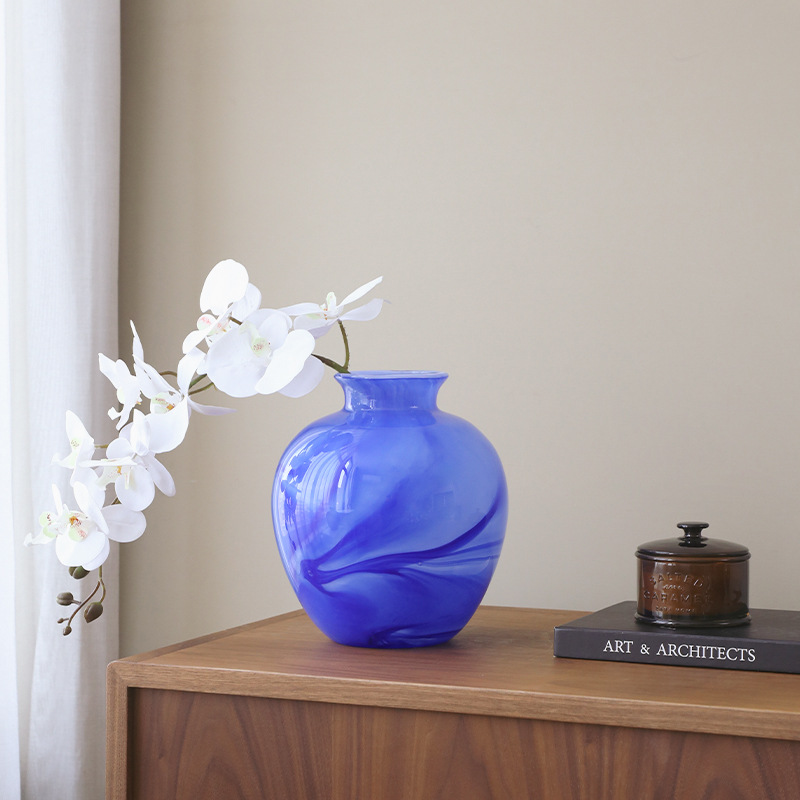 简约蓝色大肚玻璃花瓶高级感摆件客厅桌面玄关家居软装饰水培插花