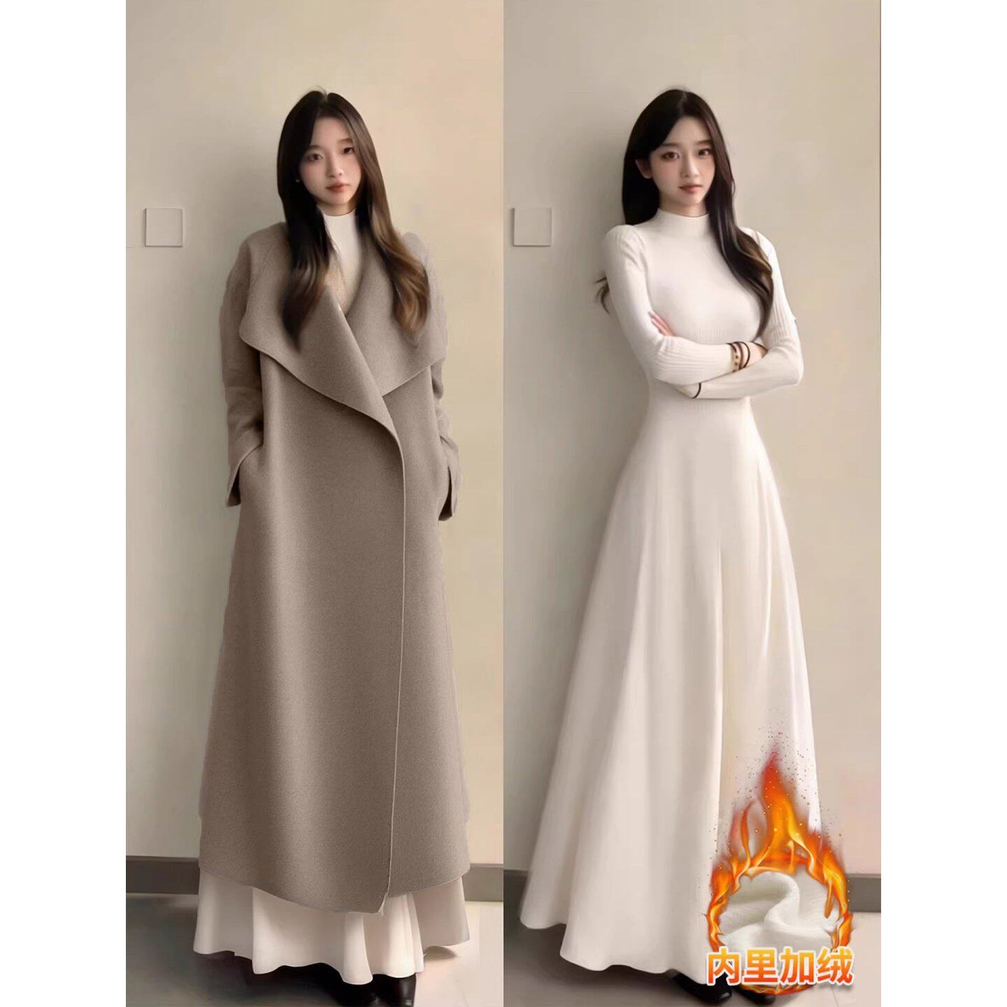 白色高领针织连衣裙长款女修身加绒厚秋冬季内搭打底高级感长裙子