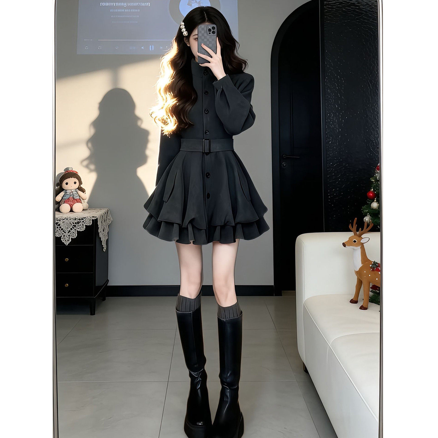 2026新款韩系灰色高领花苞连衣裙子女秋冬高级感气质收腰显瘦短裙