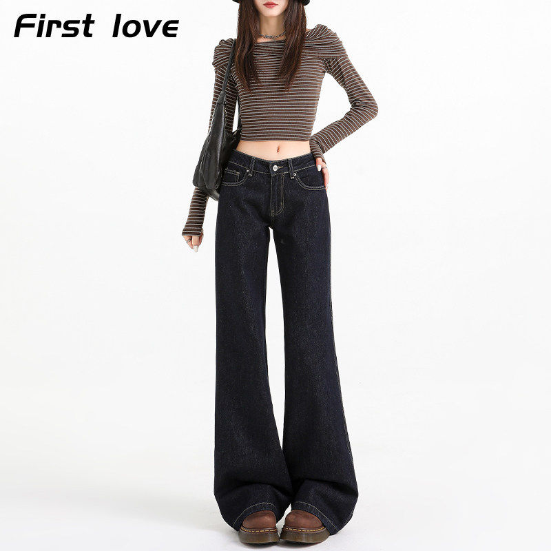 美式深色微喇叭牛仔裤女2025夏季薄款宽松不贴腿百搭低腰马蹄裤子