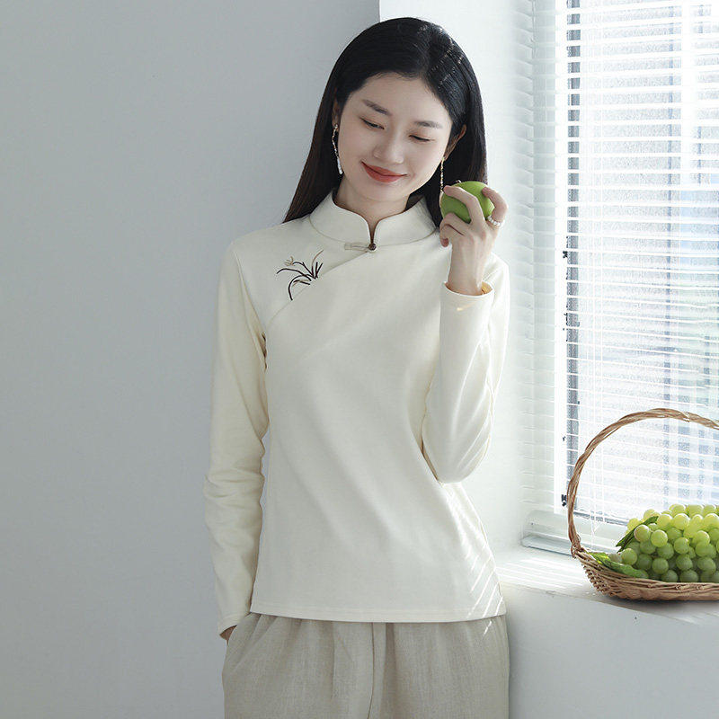 春秋新款刺绣T恤衬衫女长袖复古文艺中式斜襟上衣国风小立领女装