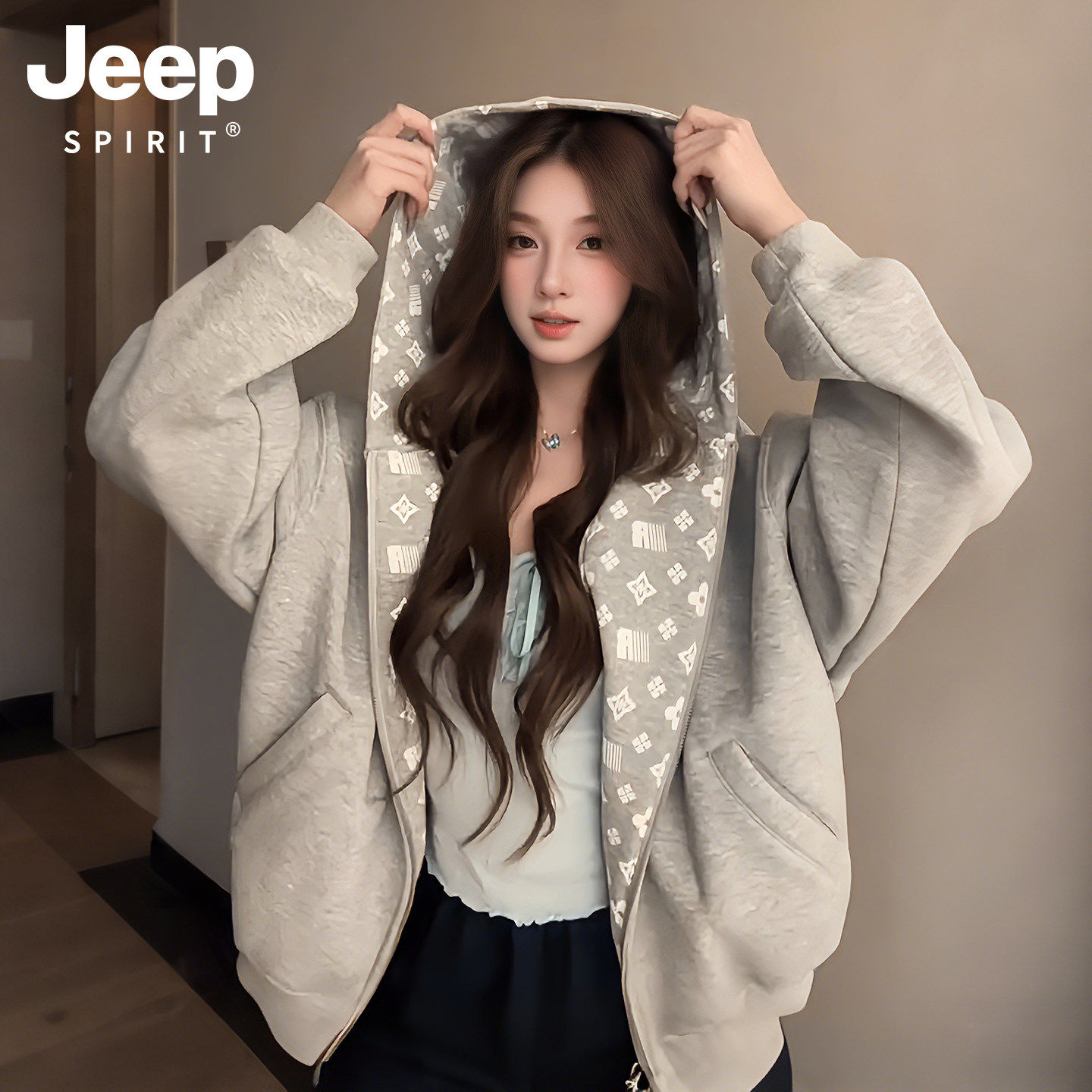 Jeep外套女款2026新款早春秋韩系慵懒小个子巨好看精致开衫灰卫衣