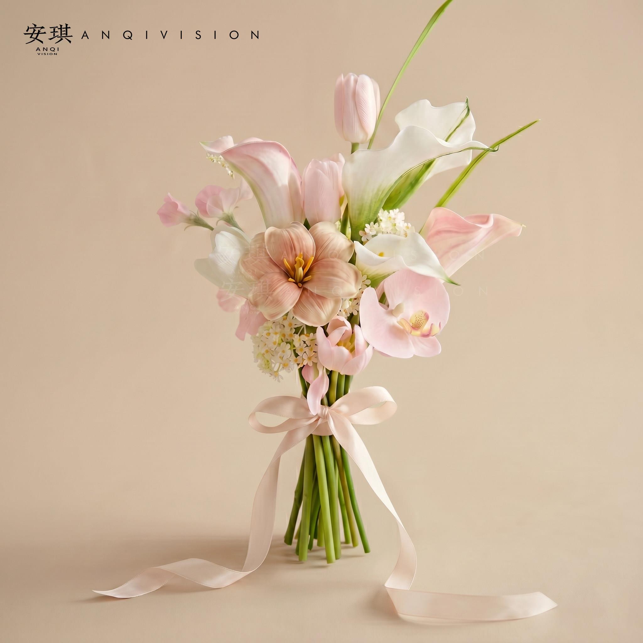 安琪VISION浅桃告白粉色系仿真花假花婚礼手捧花领证结婚毕业花束