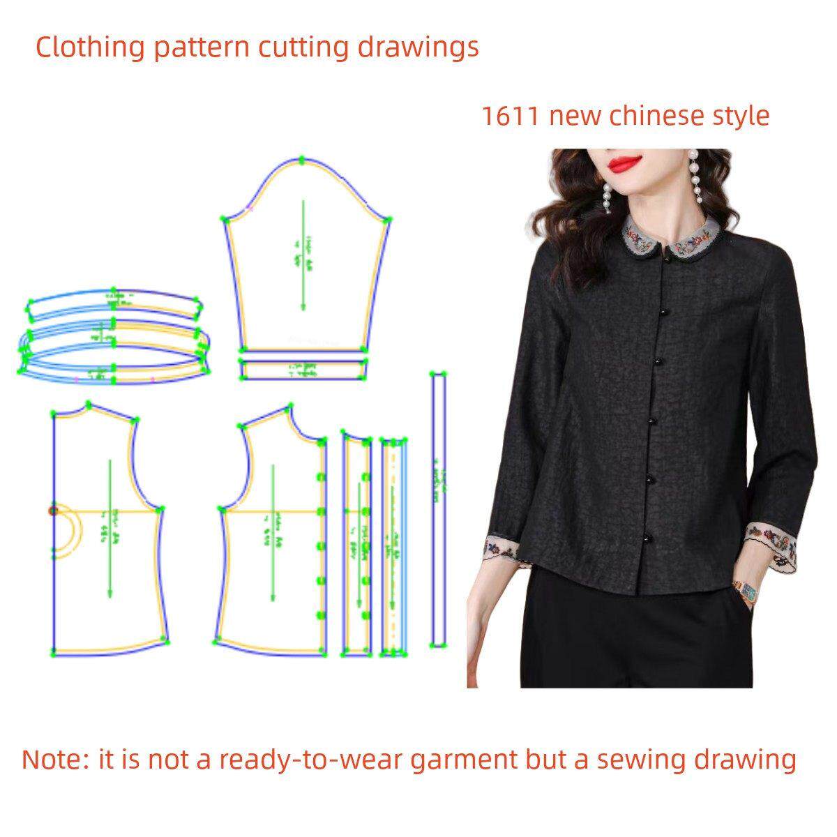 服装纸样裁剪图1611款女春夏香云纱翻领上衣diy样板图1:1设计制作