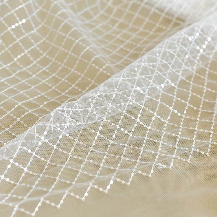 大小网格亮片刺绣蕾丝花边面料婚纱礼服连衣裙手工diy材料布料白