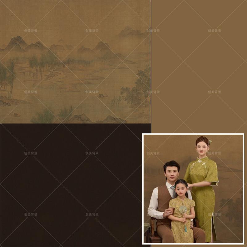 2025年全家福新款背景布清代工笔画湖山春暖图喷绘背景影楼背景纸