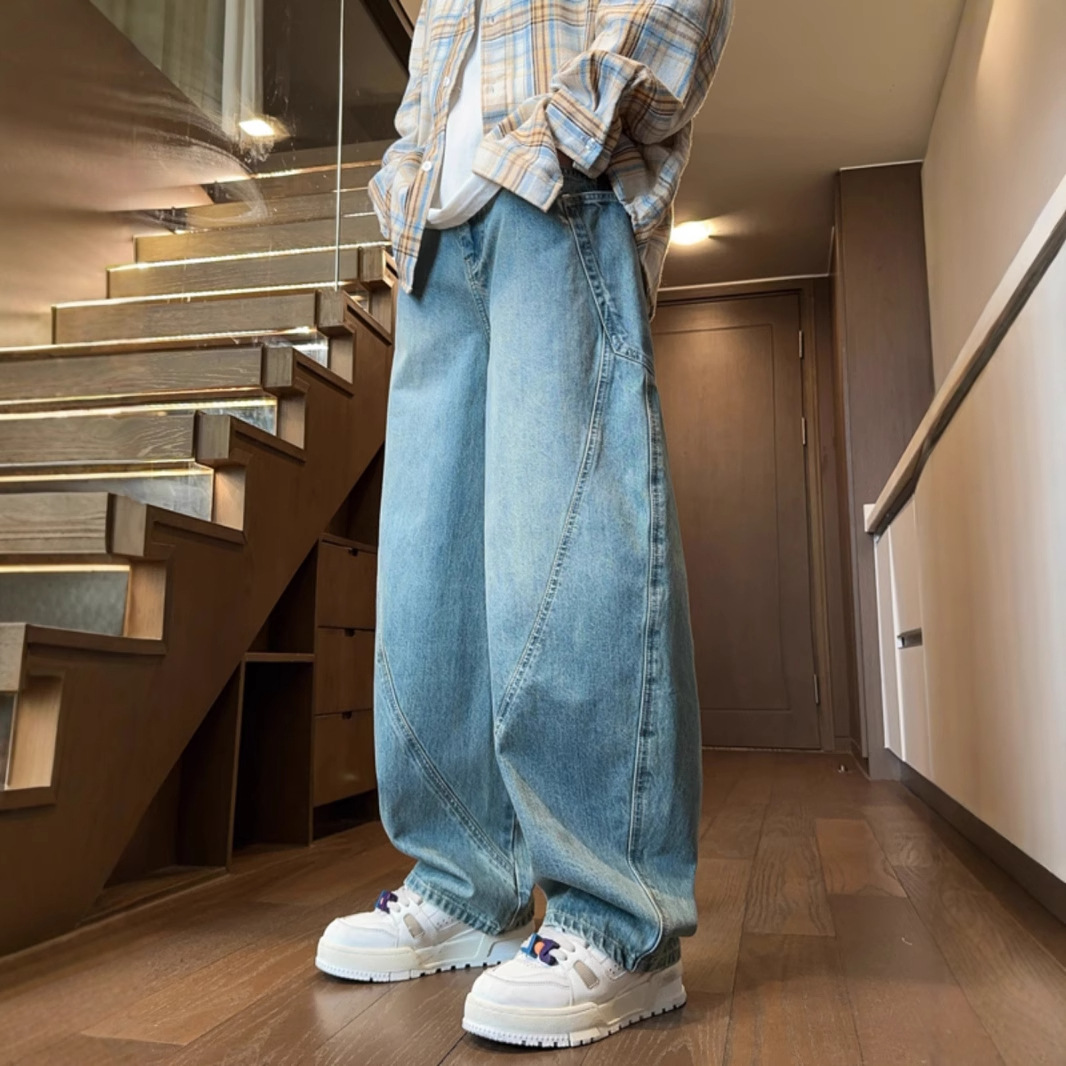 美式复古港风弯刀水洗做旧牛仔裤