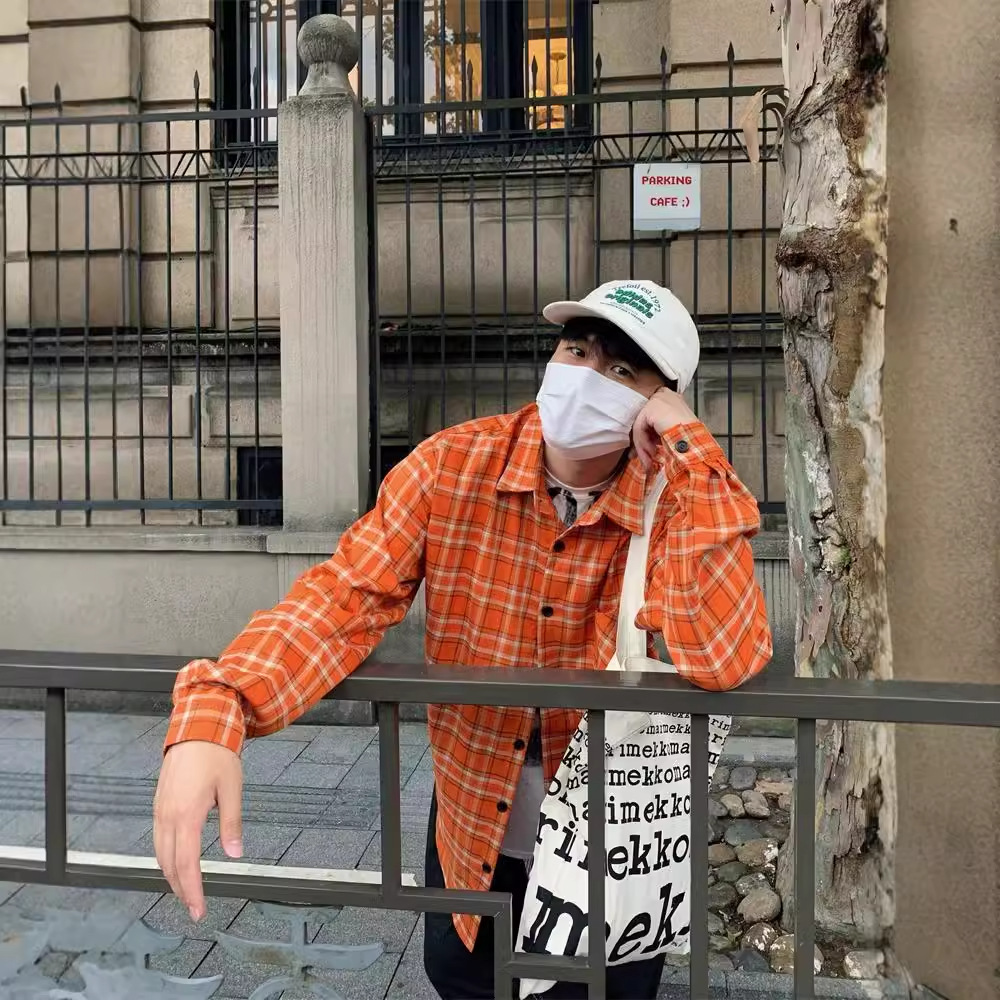 美式复古情侣学院风橙色格子长袖衬衫春夏薄款慵懒风外套休闲衬衣