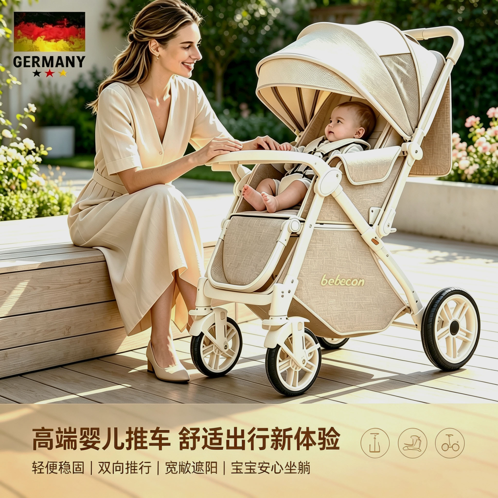 德国四轮双向推行可坐躺婴儿推车