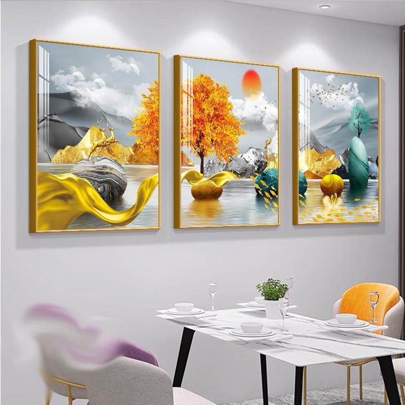 现代轻奢饭厅装饰画饭厅餐桌面挂画大气三联沙发背景墙挂画客厅壁