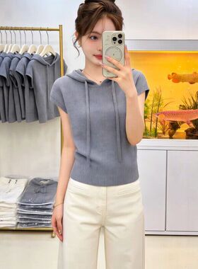 韩系连帽短袖针织衫女夏季2026新款胖MM显瘦休闲时尚帽衫上衣