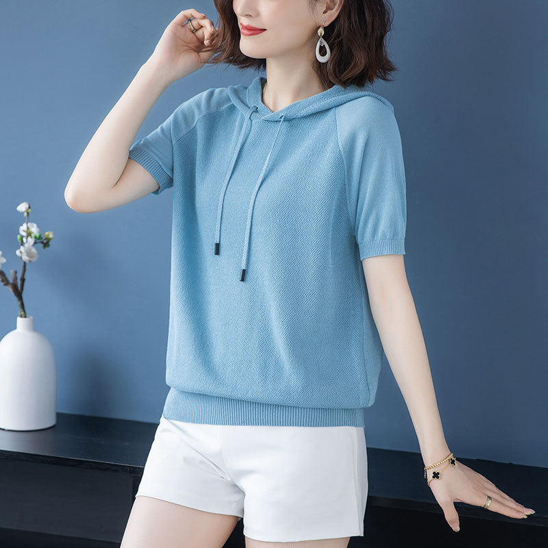 【厂家直供】连帽卫衣短款天丝T恤女纯色薄款春夏短袖冰丝上衣潮
